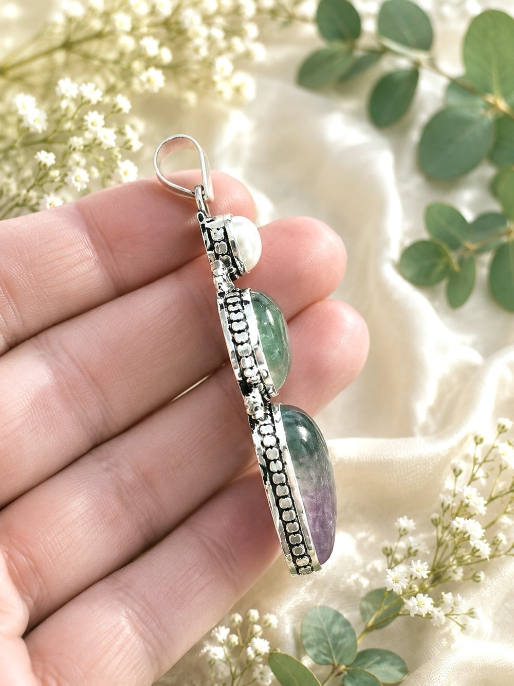 Natural Fluorite & Pearl Gemstone 2.8” Silver Pendant - Picture 5 of 7